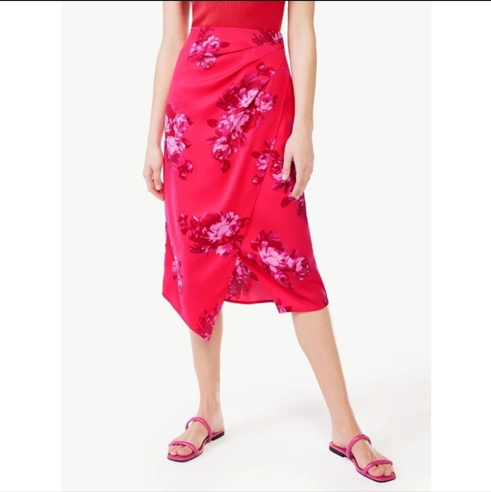 NWT Scoop Women's Satin Faux Wrap Midi Bright Pink Floral Skirt Size XL (16-18)